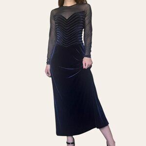 90s vintage Tadashi blue velvet long sleeve mesh sweetheart neck formal dress